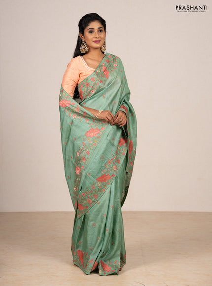 Pastel Green Pure Tussar Silk - Embroidery