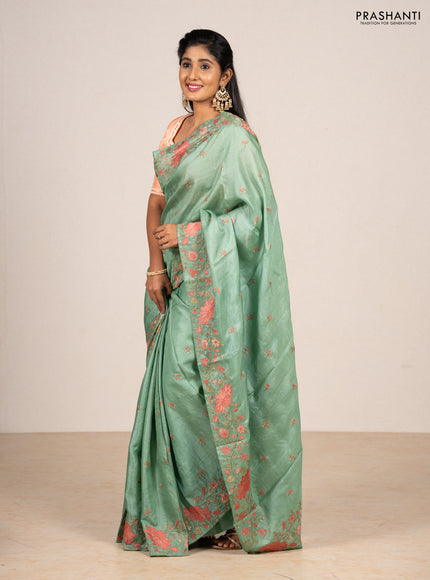 Pastel Green Pure Tussar Silk - Embroidery