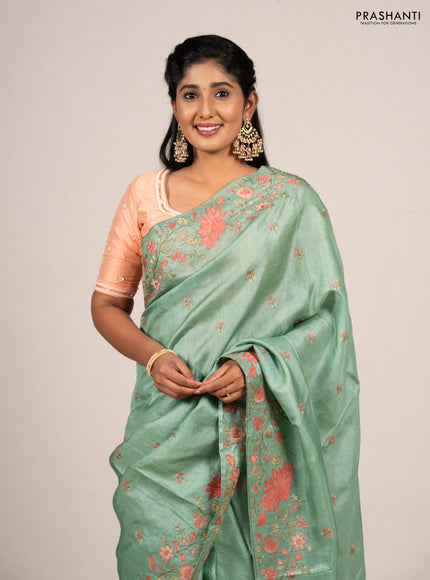 Pastel Green Pure Tussar Silk - Embroidery