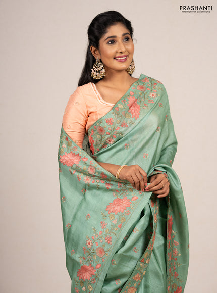 Pastel Green Pure Tussar Silk - Embroidery