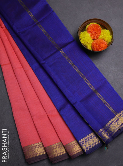 Peach Pink & Blue Silk Cotton Saree