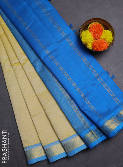 Pale Yellow & Cs Blue Silk Cotton Saree
