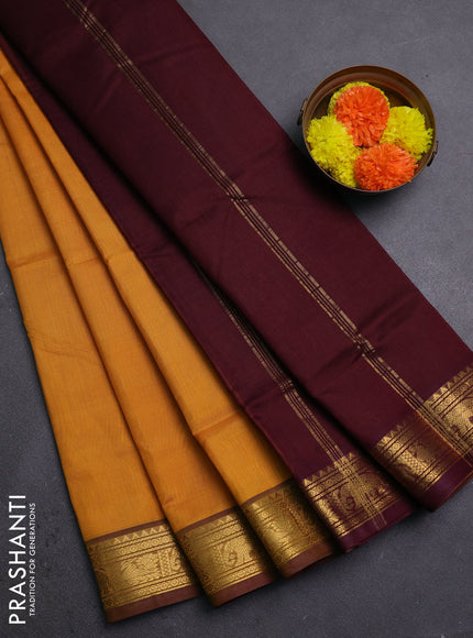 Mustard Yellow & Wine Shade Silk Cotton Saree