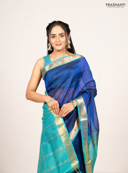 Blue & Teal Green Silk Cotton Saree