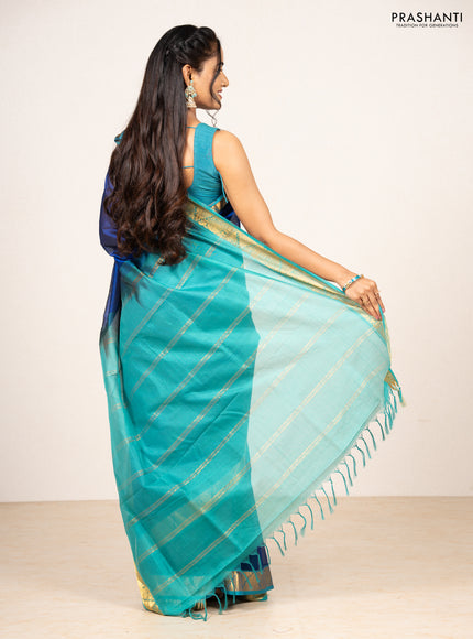 Blue & Teal Green Silk Cotton Saree