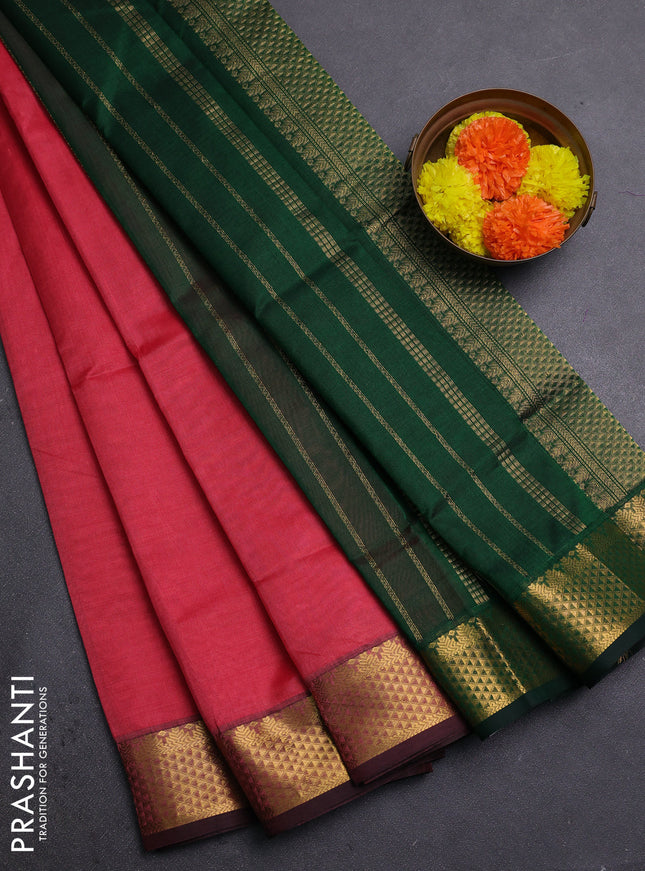 Pink & Bottle Green Silk Cotton Saree