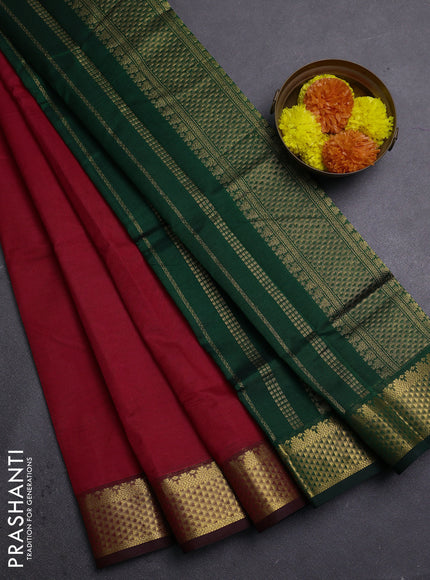 Red & Bottle Green Silk Cotton Saree