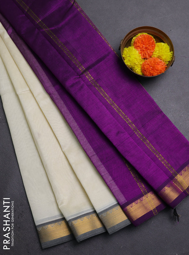 Cream & Purple Silk Cotton Saree