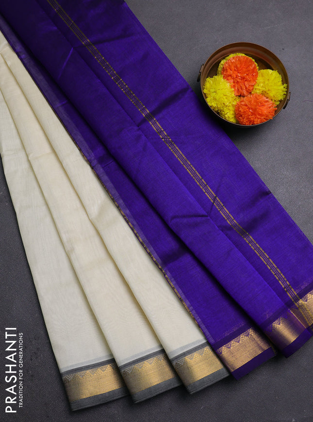 Cream & Blue Silk Cotton Saree