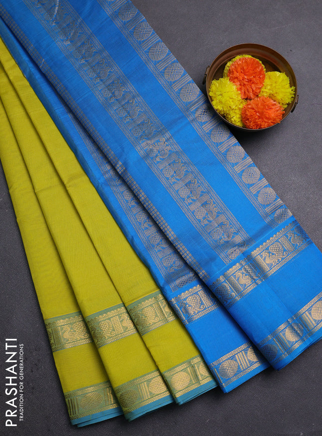 Lime Yellow & Cs Blue Silk Cotton Saree