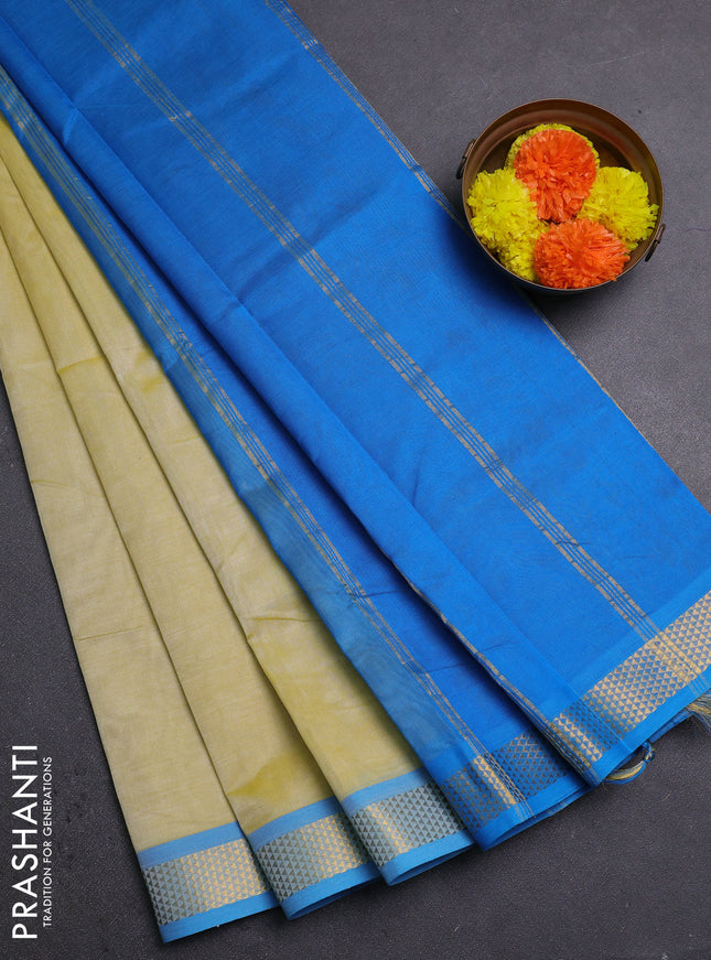 Pale Yellow & Cs Blue Silk Cotton Saree