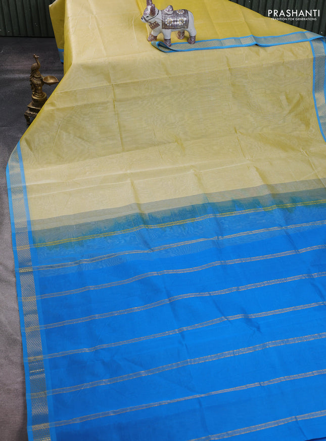 Pale Yellow & Cs Blue Silk Cotton Saree