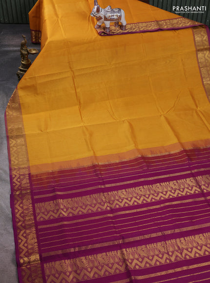 Mustard Yellow & Purple Silk Cotton Saree