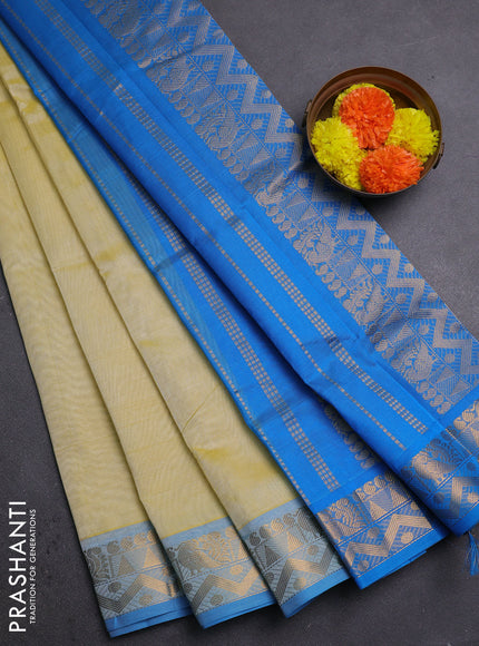 Pale Yellow & Cs Blue Silk Cotton Saree