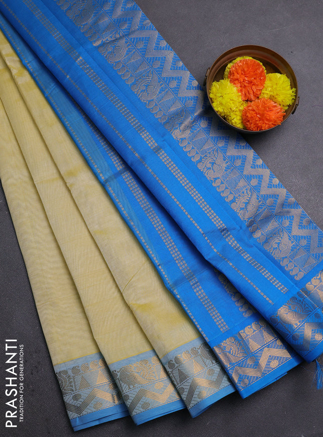 Pale Yellow & Cs Blue Silk Cotton Saree