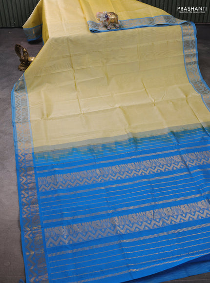 Pale Yellow & Cs Blue Silk Cotton Saree