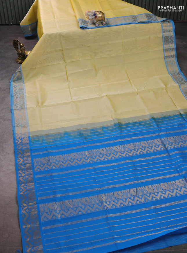 Pale Yellow & Cs Blue Silk Cotton Saree