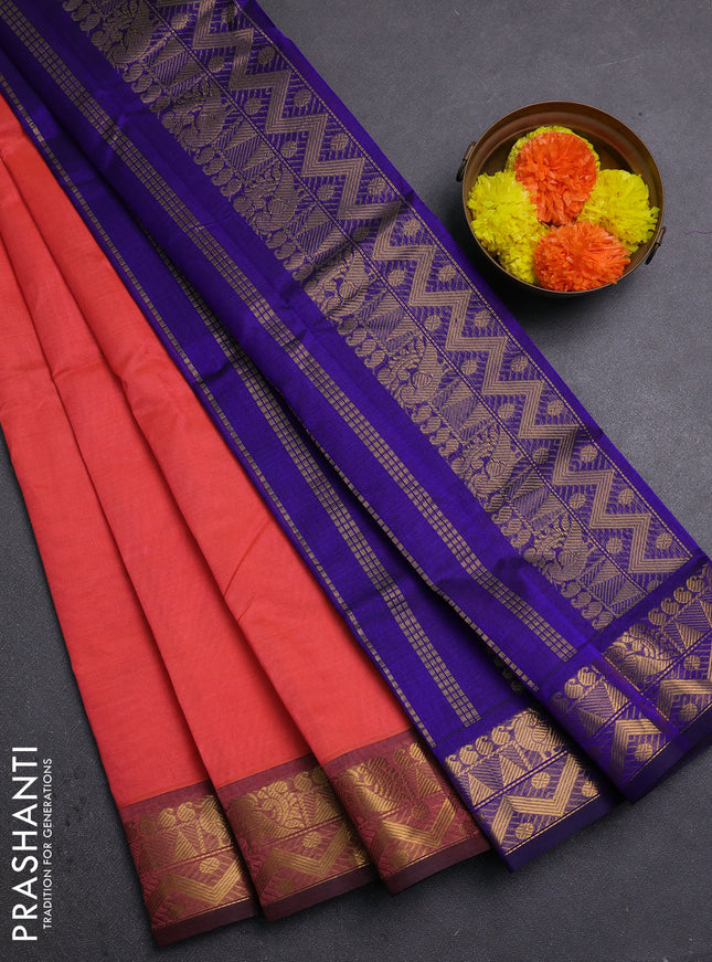 Peach Orange & Blue Silk Cotton Saree