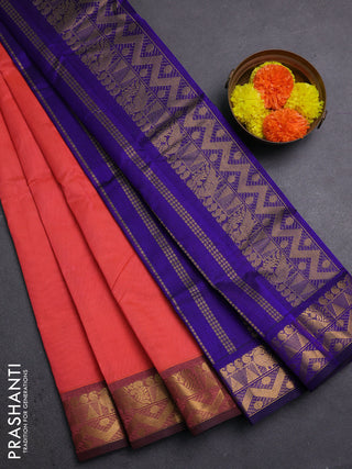 Peach Orange & Blue Silk Cotton Saree