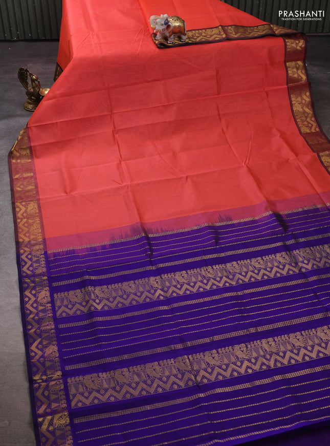 Peach Orange & Blue Silk Cotton Saree