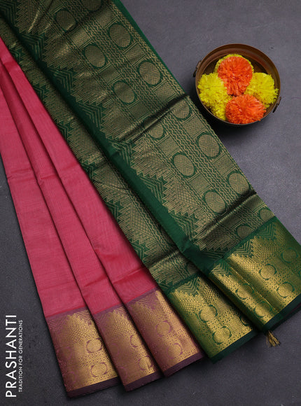 Pink & Bottle Green Silk Cotton Saree
