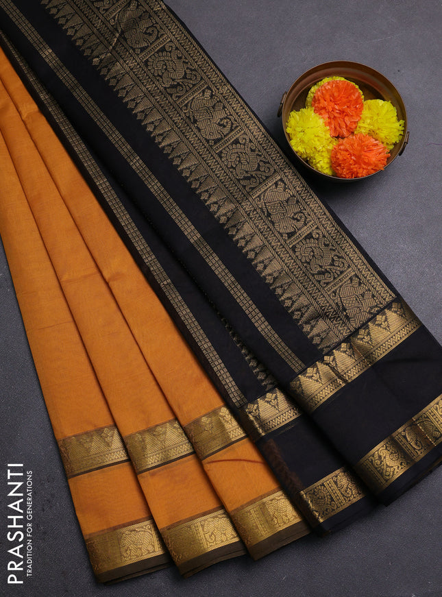 Mustard Yellow & Black Silk Cotton Saree