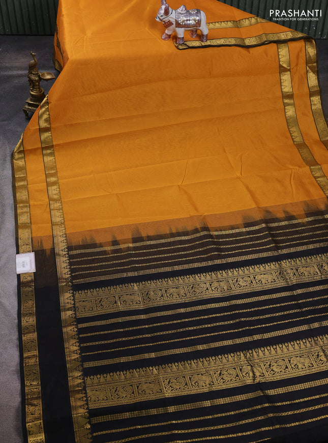 Mustard Yellow & Black Silk Cotton Saree