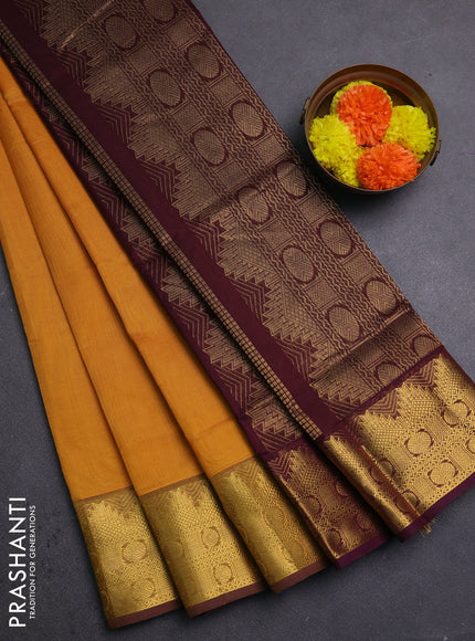 Mustard Yellow & Coffee Brown Silk Cotton Saree