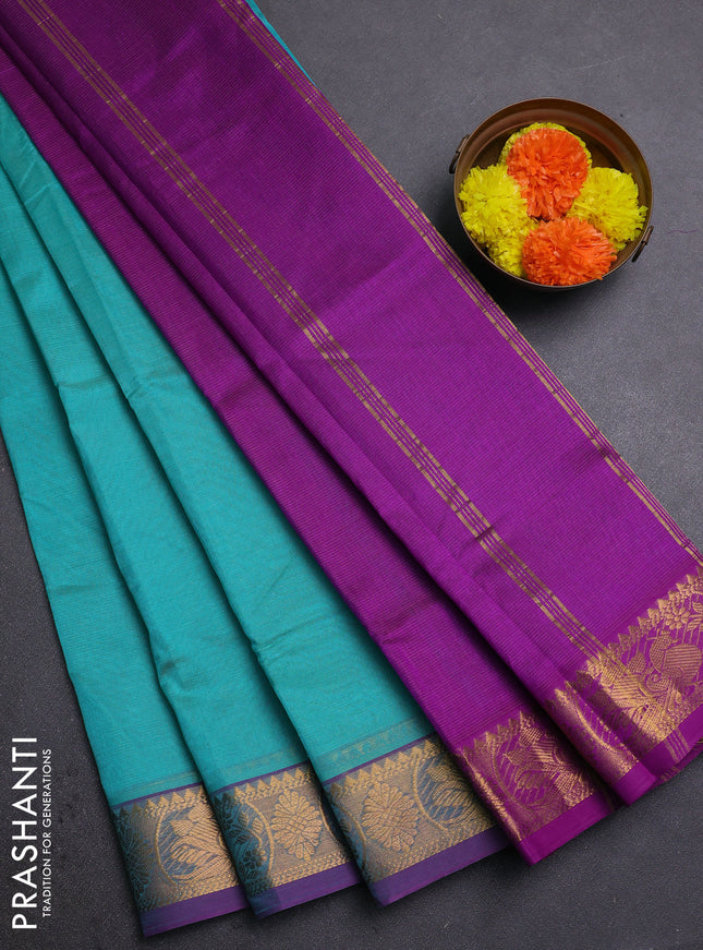 Teal Green & Purple Silk Cotton Saree - Vairaosi