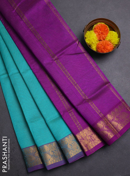 Teal Blue & Purple Silk Cotton Saree - Vairaosi