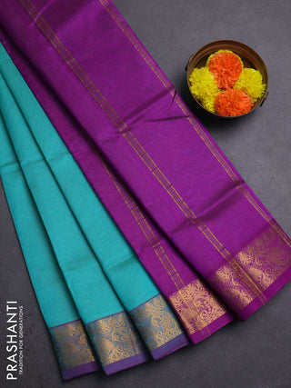 Teal Blue & Purple Silk Cotton Saree - Vairaosi