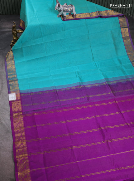 Teal Blue & Purple Silk Cotton Saree - Vairaosi