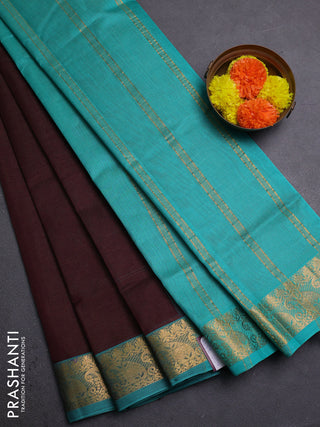Coffee Brown & Teal Green Silk Cotton Saree - Vairaosi
