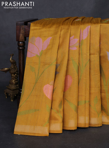 Mustard Yellow & Blue Semi Tussar  - Jamdani Weaving