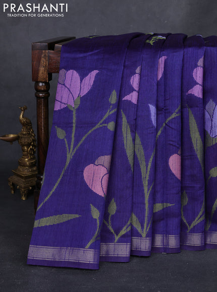 Blue & Red Semi Tussar  - Jamdani Weaving