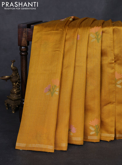 Mustard Yellow & Blue Semi Tussar  - Jamdani Weaving