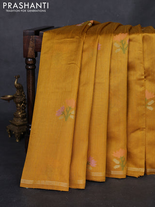 Mustard Yellow & Blue Semi Tussar  - Jamdani Weaving