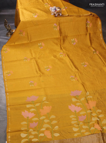 Mustard Yellow & Blue Semi Tussar  - Jamdani Weaving