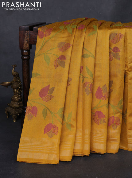 Mustard Yellow & Blue Semi Tussar  - Jamdani Weaving