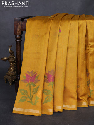 Mustard Yellow & Blue Semi Tussar  - Jamdani Weaving