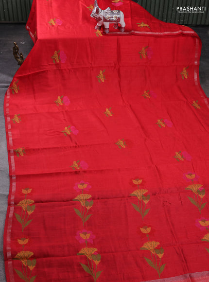 Red & Violet Semi Tussar  - Jamdani Weaving