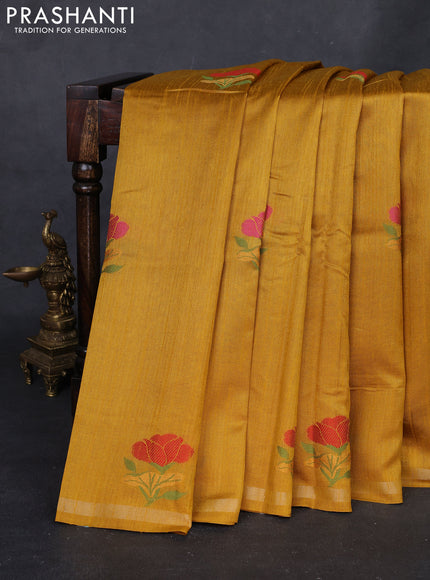 Mustard Yellow & Blue Semi Tussar  - Jamdani Weaving