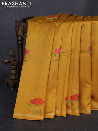 Mustard Yellow & Blue Semi Tussar  - Jamdani Weaving