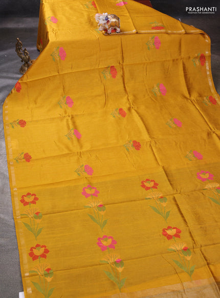 Mustard Yellow & Blue Semi Tussar  - Jamdani Weaving