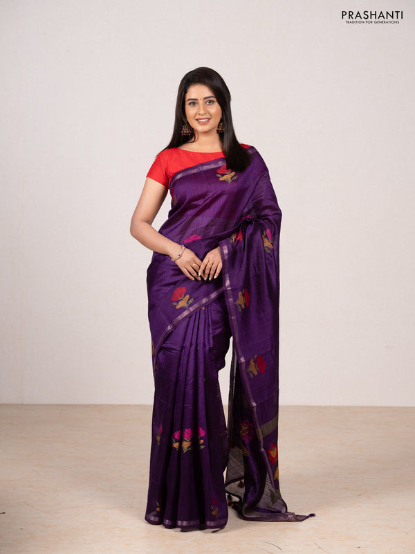 Violet & Red Semi Tussar  - Jamdani Weaving