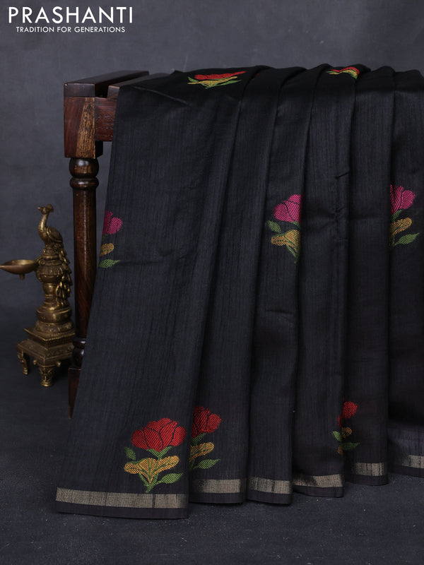 Black & Pink Semi Tussar  - Jamdani Weaving