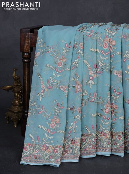 Aque Blue Georgette Saree - Embroidery