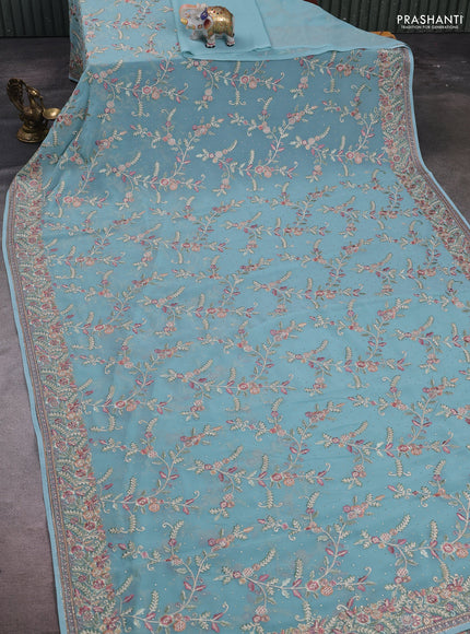 Aque Blue Georgette Saree - Embroidery
