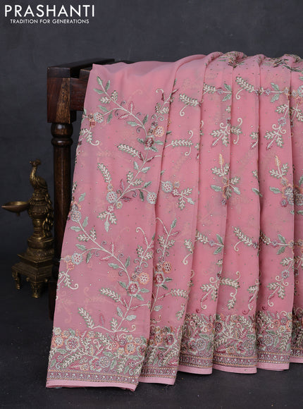Peach Pink Georgette Saree - Embroidery