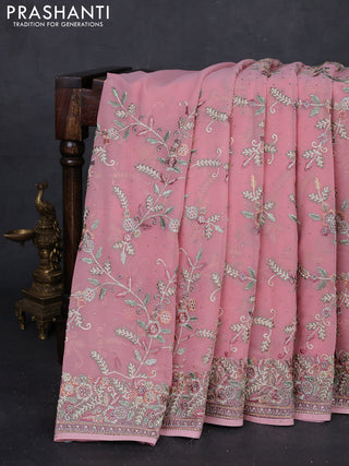 Peach Pink Georgette Saree - Embroidery